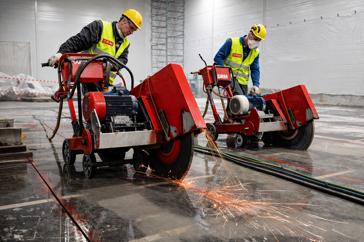 cutting concrete with floor sawing machines indoors